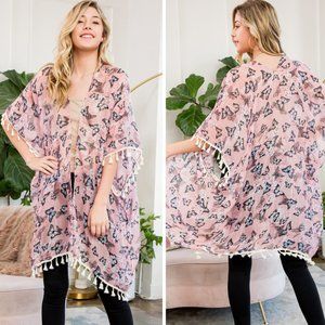 DONATING SOON! Pink Floral & Butterfly Print Kimono / Swim Cover-Up
